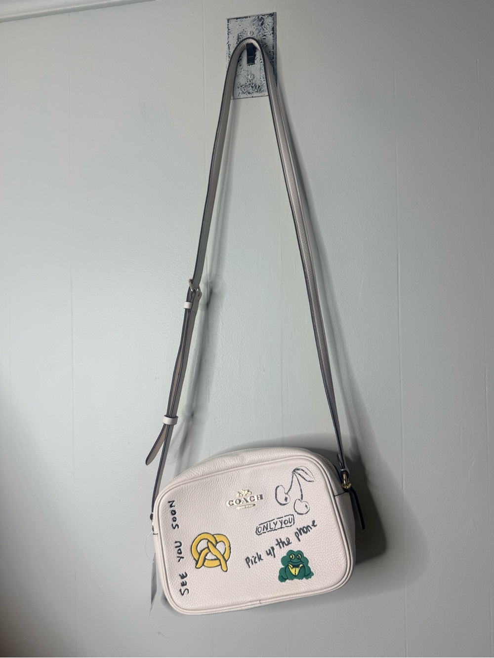 Coach White Pebble Leather Crossbody Camera Bag with Patch Art